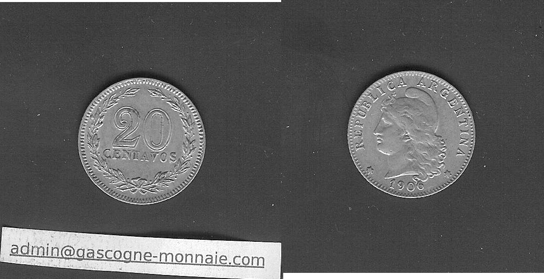 Argentina 20 centavos 1906 gVF/EF